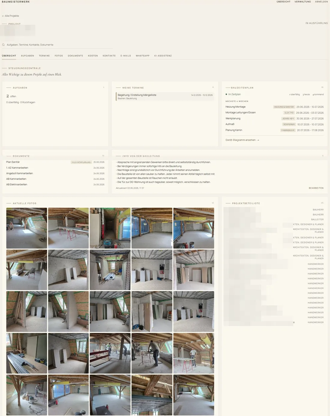 Projektcockpit — Steuerungszentrale mit aktuellen Baustellenfotos