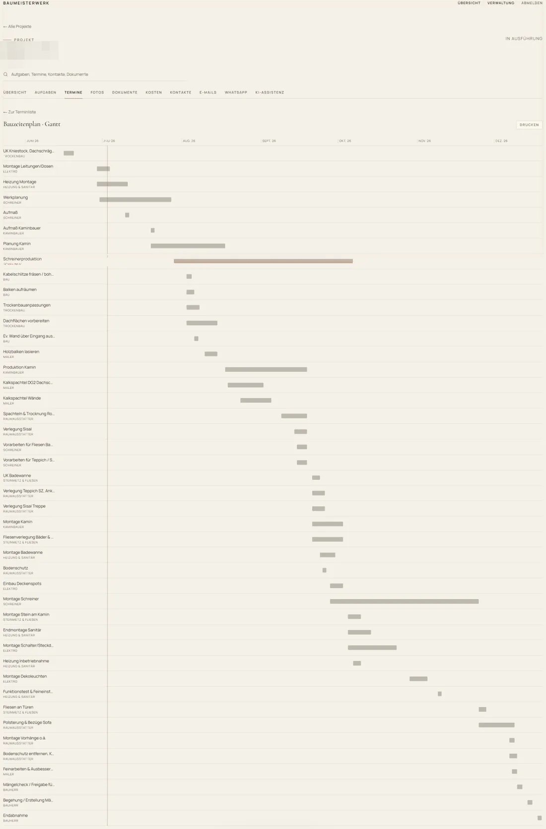 Projektcockpit — Bauzeitenplan als Gantt-Diagramm