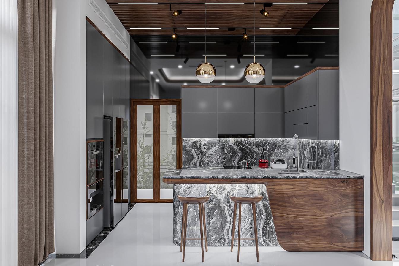 High-end Munich kitchen with marble and walnut