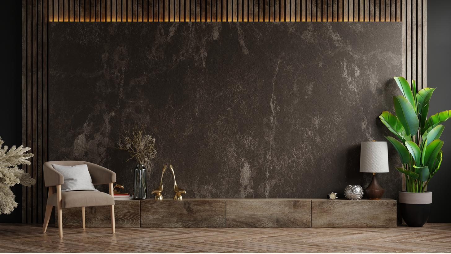 Eleganter Wohnbereich mit Naturstein-Wand und Walnuss
